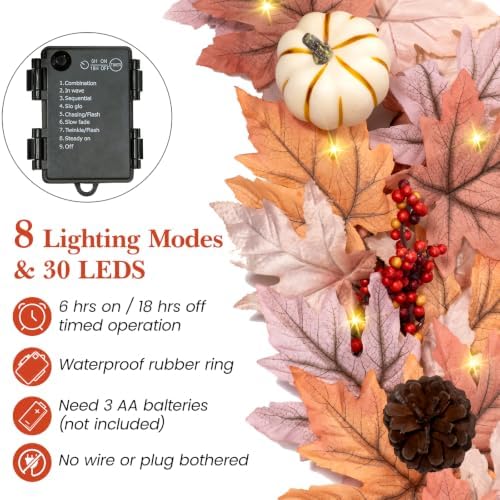 6FT Lighted Handcrafted Fall Garland, 30 LED Lights & 8-Mode Auto Timer - Image 3