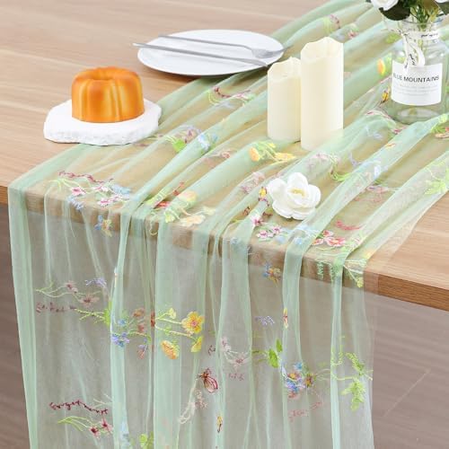 BINBE 6pcs Sage Green Florals Table Runner Embroidery Gauze 10FT Daisy Seasonal Tulle Birthday Wedding Holiday Kitchen Dining Table Decor for Home Party by BINBE