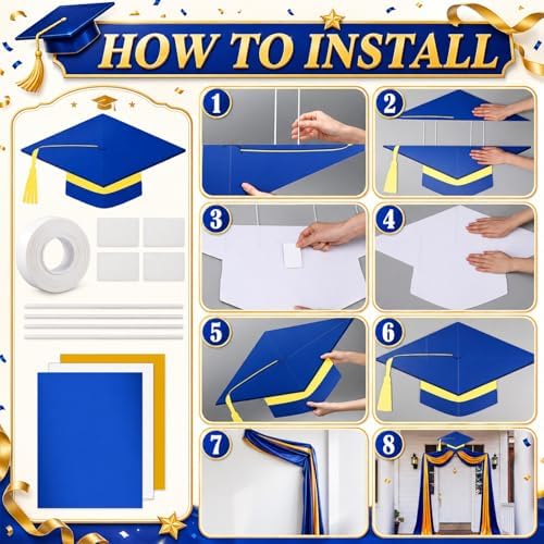 Batiyeer 3 Pcs Graduation Porch Decorations Class of 2026, 32.8 x 1.64 ft Large Graduation Blue Yellow Door Frame Decor with Diploma Cap for Congrats Grad School College Porch Flag Outdoor Party - Image 3