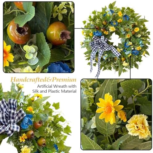 WANNA-CUL 24 Inch Blue Yellow Summer Wreath for Front Door All Season Decor - Image 5