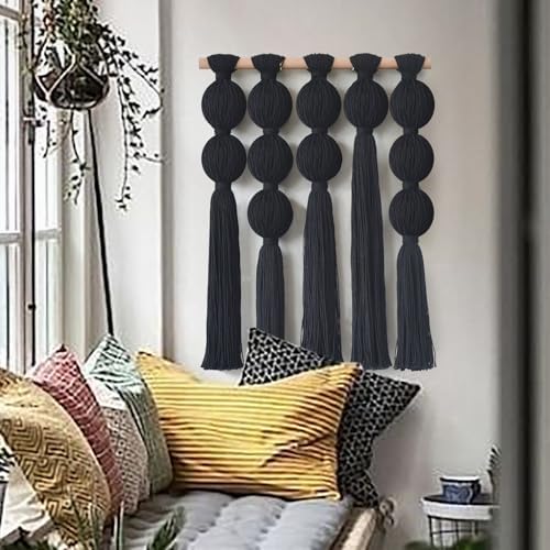 Jakalin Macrame Wall Hanging Black Boho Tassel Fiber Wall Art 19.6"Lx15.7"W - Image 3