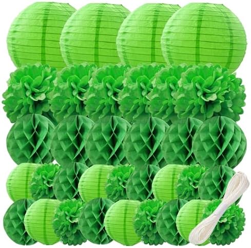 WOLHOWLTD Green Theme Paper Decoration Set - 34 pcs Lanterns,Pompoms,Honeycomb for Woodland,St. Patrick's,Jungle Theme, Wedding,Happy Birthday,Tropical Parties (Green) by Unknown