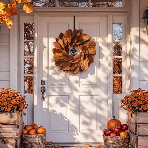 Yunlly 1 Pcs 20'' Fall Wreath Artificial Magnolia Leaves Wreath Front Door - Image 6