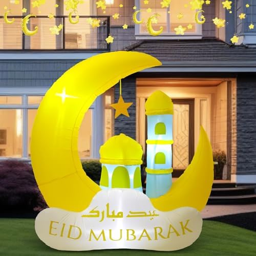 RoundFunny Ramadan Inflatable Outdoor Decorations Muslim Yard Decor with LED Lights Eid Mubarak Inflatables Islamic Blow Moon Castle for Celebrate Fasting Introspection Prayer - Image 3