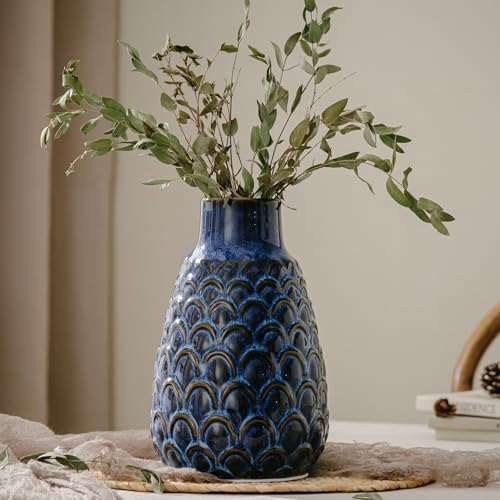 Ceramic Flower Vase, 9.06” Vintage Blue Pottery Vase for Home Decor, Rustic Textured Vase for Pampas Grass, Living Room, Entryway, Mantel, Kitchen Table, Centerpiece - Image 2