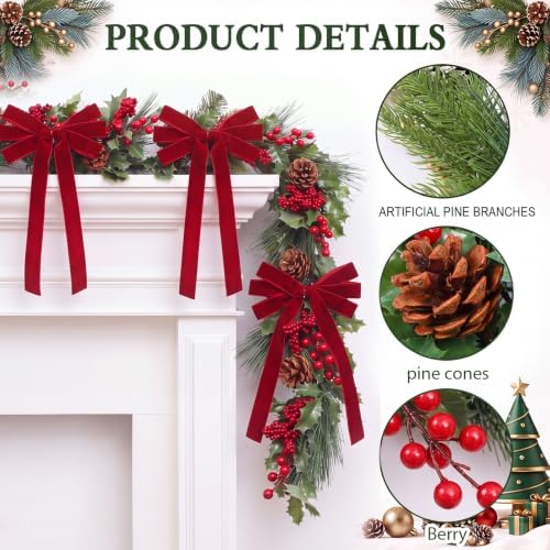 Riceshoot 6ft Red Berry Bow Christmas Garland for Mantel Fireplace - Image 3
