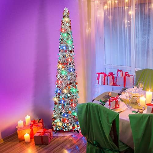 Aoriher 5 ft Pre-lit Pop up Silver Christmas Tinsel Tree Decor Reusable Collapsible Artificial Sequins Slim Pencil Tree with Colorful String Lights for Holiday Party Home Indoor Outdoor - Image 2
