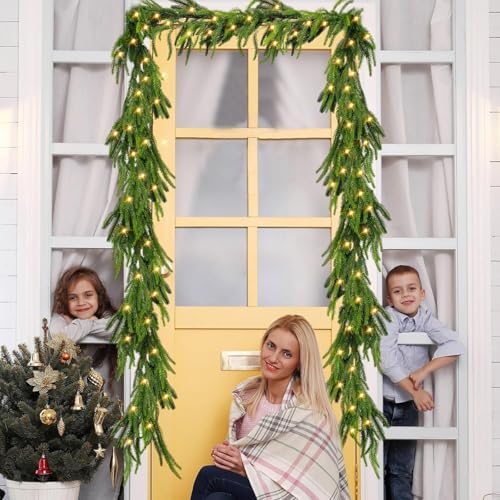 9FT Prelit Norfolk Pine Christmas Garland with 70LED Lights – Real Touch Greenery Artificial Cedar Christmas Garland for Fireplace Mantel, Staircase, Door Frame, Holiday Indoor Winter Décor - Image 5