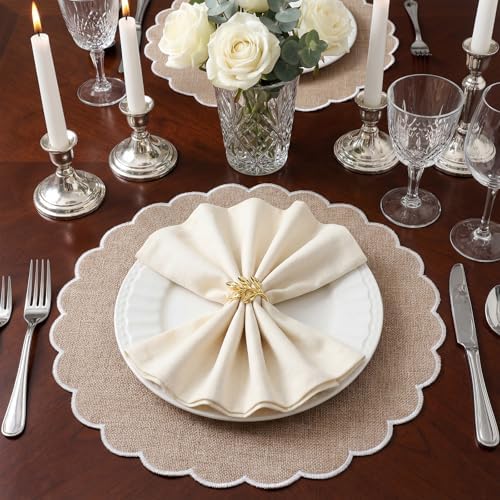Set of 12 Linen Boho Cotton Placemats 15" Round Scalloped White - Image 4