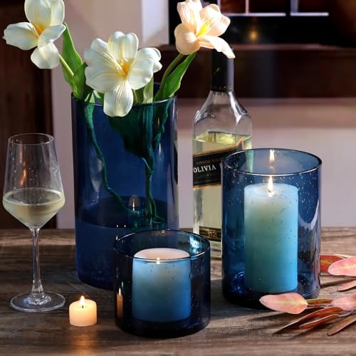 Large Hurricane Candle Holder Set of 3 Blue Candle Holders for Pillar Candles, Seeded Bubbles Glass Candle Holder, Blue Glass Cylinder Vases for Table Centerpieces, Home, Patio and Wedding 10"7"4"H - Image 7