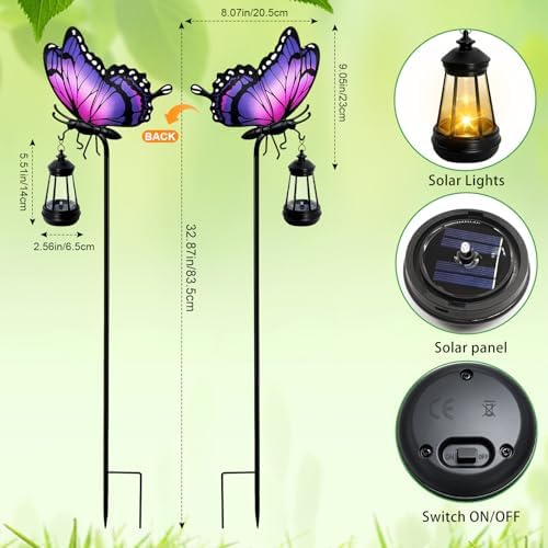 2 Pack 32.9in Purple Butterfly Garden Stakes with Solar Lights Waterproof - Image 2
