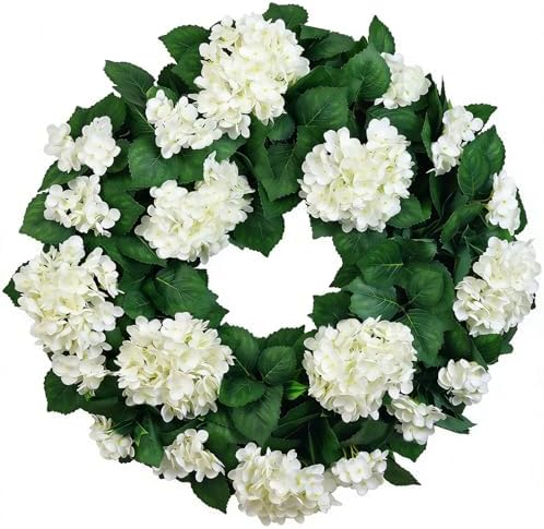 27" Hydrangea Wreath for Front Door – All-Season Wedding Décor with Lamb’s Ear Leaves & Hydrangea Blooms – Spring/Summer Farmhouse Style, Perfect Year-Round Decoration (White Hydrangea, Extra Large) by QIANYUN