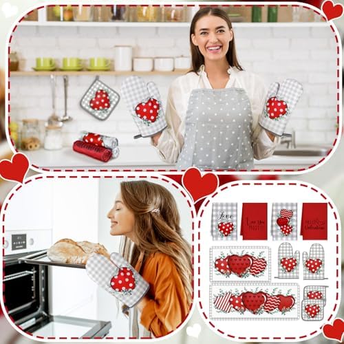 VitalCozy Set of 10 Valentine's Day Kitchen Towels Heart Kitchen Mats Oven Mitts and Pot Holders Set Absorbent Red Tea Hand Towels Valentine's Day Decorative Towel for Baking Cooking BBQ - Image 6