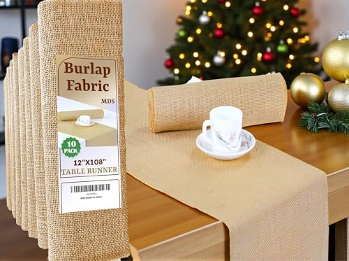 MDS® Pack of 10 Natural Burlap Table Runner, 12 x 108 Inch, Jute Vintage Rustic Farmhouse Boho Table Decor for Wedding Reception, Dining Table, Bridal Shower, Baby Shower & Holiday Party Decorations by MDS