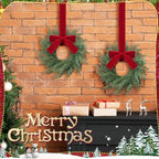 4 Pcs Small Christmas Norfolk Wreaths Evergreen 12.6 Inch Christmas Kitchen Cabinet Mini Wreaths Real Touch with Bow and Burgundy Ribbon for Xmas Front Door Window Home Table Pillar Decor - Image 3
