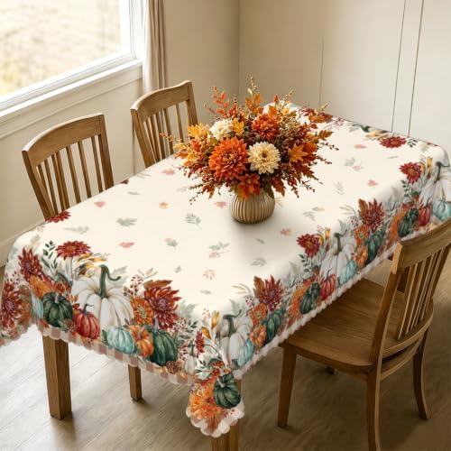 Rectangle Fall Tablecloth 60x120 Inch, Thanksgiving Autumn Harves Pumpkin Flower Table Cloth, Waterproof Wrinkle Resistant Table Cover for Fall Decorations Decor - Image 3