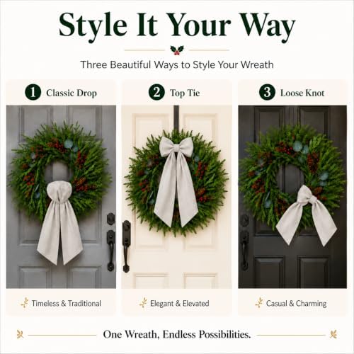 24 Inch Christmas Wreath for Front Door with Decorative Wreath Sash, Faux Norfolk Pine Wreath with Red Berries Pinecones and Eucalyptus Leaves, Farmhouse Holiday Decor - Image 4