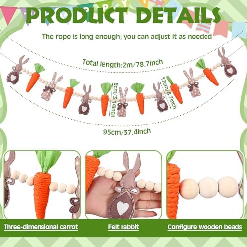 Marsui 2 Pas Easter Garland Felt Bunny Carrot 6 Ft Rabbit Wooden Beads Easter Banner Rustic Fireplace Garland Farmhouse Banner Mantel Decorations for Home Shelf Fireplace Wall Mantle Windows - Image 4