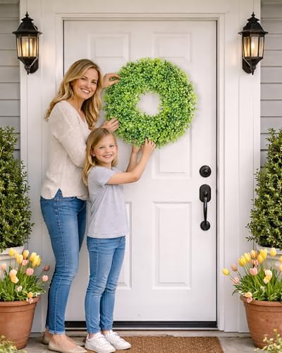DDHS 20" Boxwood Wreaths Front Door, Artificial Spring Summer Wreath with Sash and Foldable, Year Round Indoor Outdoor for Farmhouse Fireplaces and Porches DIY St Patricks Day Decor-Gradient Green - Image 4