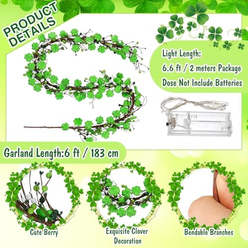 Zeyune 6 ft St. Patrick's Day Garland with Lights Green Shamrock String Lights Artificial St. Patrick's Day Clover Wreath Decorations for Home Mantel Table Wall Irish Party Decor - Image 2