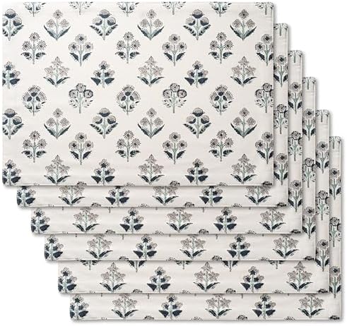 Block Print Floral Decorative Placemats Set of 6, Grey - Image 6