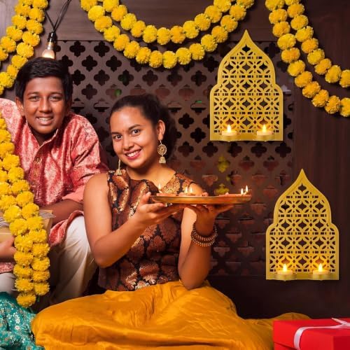 Mumufy 2 Pack Diwali Wall Tealight Candle Holder Gold Iron Jharokha Decor - Image 4