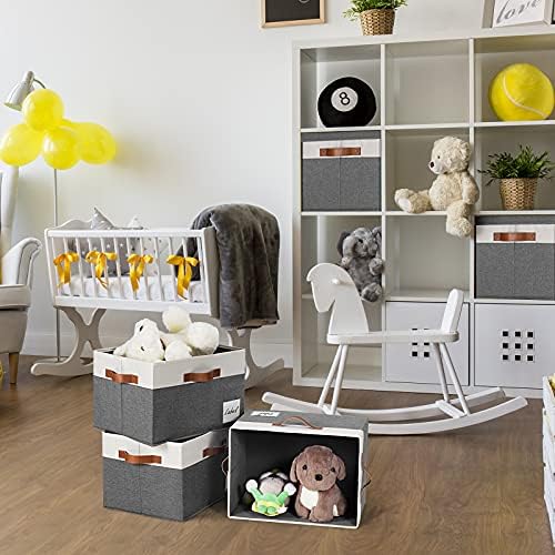 GhvyenntteS Storage Bins with Lids 3 Pack, Large Storage Baskets with Lids and Label, Foldable Fabric Storage Boxes with 3 PU Handles for Organizing Shelves Home Nursery Office (Grey, 15x11x9.6) - Image 6