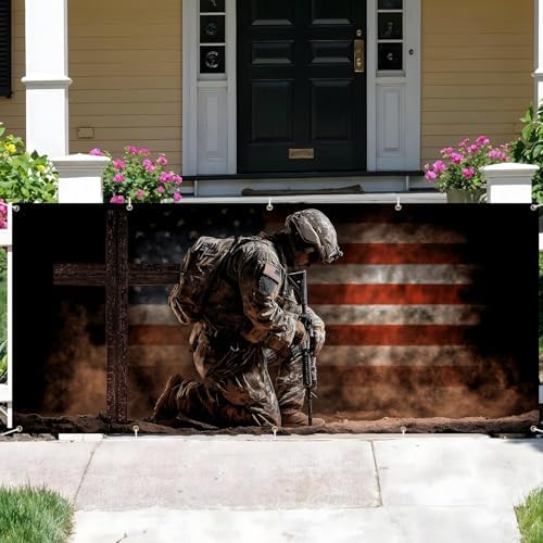 16x7FT Patriotic Garage Door Banner, Ameri-ca Soldier Kneeling with Cross Design, Extra Large Outdoor Garage Door Cover for Memorial Decor and Independence Day - Image 6