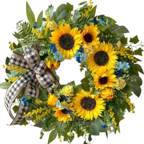 WANNA-CUL 24 Inch Summer Sunflower Wreath Linen Ribbon Front Door Wreath by WANNA-CUL