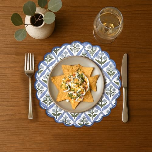 Ridhi Floral Block Print Round Placemats 15" in, Set of 4, Light Steel Blue - Image 2