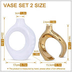White and Gold Ceramic Vase Set of 2, Modern Donut Vases for Home Decor - Image 4