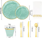 Rubtlamp 175 Pcs Green Plastic Plates Dinnerware Set (25 Guests), Hammered Plates Sets, Green Plastic Party Plates Set include 50 Disposable Plates Set, 75 Gold Plastic Silverware, 25 Cups 25 Napkins - Image 2