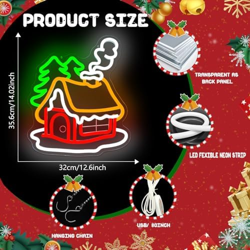 Christmas Neon Sign Christmas Village Houses Neon Sign for Wall Decor Winter House Led Signs Xmas Houses Village Neon Light Up Signs for Holiday Window Bedroom Party Home Living Room Decoration - Image 3