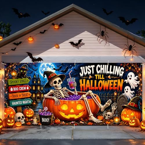 Funny Halloween Garage Door Banner 7x16ft, Just Chilling Till Halloween Outdoor Decoration, Cute Ghost and Skeleton Pumpkin Double Garage Door Cover Tapestry Mural for House Front Holiday Decor - Image 3