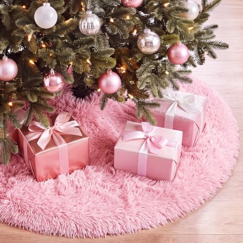 Pink Faux Fur Christmas Tree Skirt 60 Inch Plush Tree Skirt by Skylety