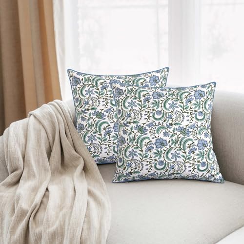 Ridhi Block Print Columbia Blue Cotton Pillow Cover 24" x 24" (Set of 2) - Image 3
