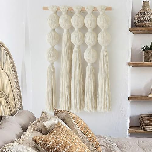 Jakalin Macrame Wall Hanging Boho Tassel White Fiber Wall Art 19.6"x15.7" - Image 4