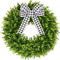 Vlorart 24" Large Boxwood Wreath for Front Door, Artificial Greenery Wreath with Plaid Bow, Full Lush Spring Summer Farmhouse Wall, Window & Wedding Decor by Vlorart