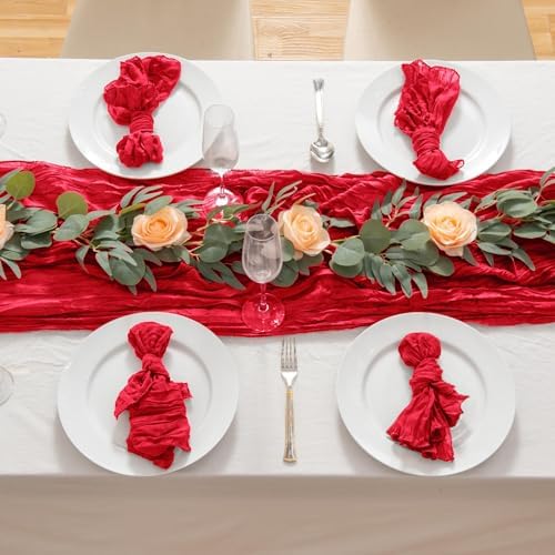 12 Pack Red 10 Ft Cheesecloth Table Runner 20x120 Inch Boho Wrinkled Sheer Romantic Gauze Decor for Wedding, Bridal Shower, Birthday Party - Image 7