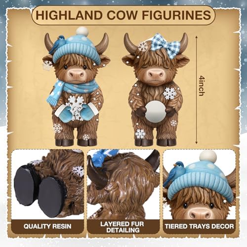 Simgoing 2 Pack Winter Highland Cow Figurines Snowflake Highland Cow Tabletop Decorations Calf Lovers Gifts for Home Centerpieces Holiday Ornament Gifts - Image 2