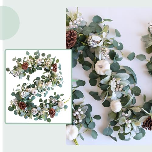 TEMPUS 5.9Ft Artificial Eucalyptus Garland with Pumpkins Pine Cones Lamb Ear Leaves Garland for Wedding Arch Backdrop Thanksgiving Table Farmhouse Decor - Image 4