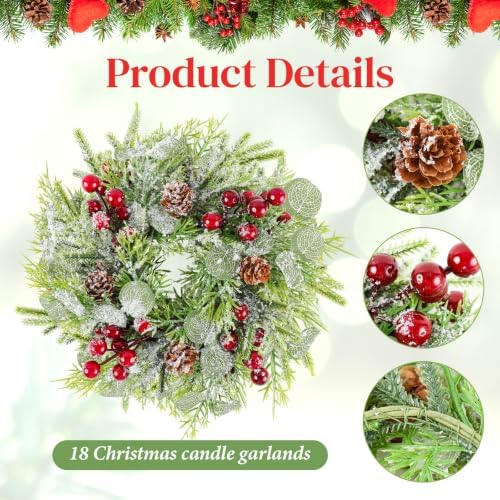 18 Pcs 9.2" Mini Christmas Wreaths for Cabinets Small Wreath Kitchen with Ribbon Christmas Decorations Candle Rings Red Berry Pine Cone Wreaths for Windows Farmhouse Xmas Decor Table Centerpiece - Image 4