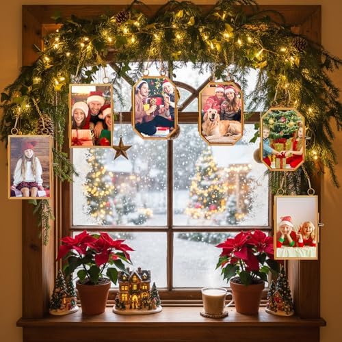 Qunclay 6 Pcs 2.5 x 3.5” 2 x 3 Christmas Brass Picture Frame Ornaments Octagonal Rectangular Christmas Metal Double Glass Hanging Photo Frame with Metal Chain for Xmas Tree Decorations(Gold) - Image 5