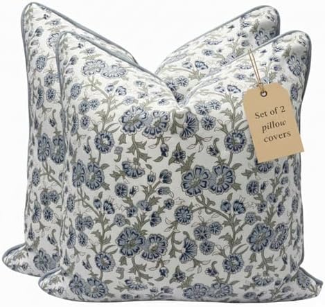 Floral Pillow Covers Blue Set of 2 Pillow Covers 24 x 24 inches Farmhouse Pillow Covers for Couch Bed Bedroom Living Throw Pillow Covers Boho Decorative Pillow Home Decor for Spring by LineandLoop