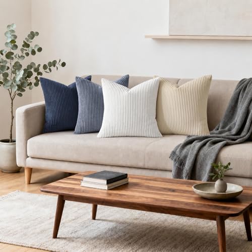 Mecatny Corduroy Decorative Throw Pillow Covers 26x26 Set of 2 Deep Blue - Image 3