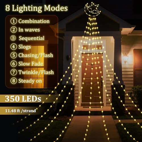 Glooglitter Ramadan Mubarak Eid Moon Star Lights Outdoor Decor 11.5ft Warm LED Waterfall Lights Extension Cord USB Powered for Tree Outside Yard Garden Patio Wall Porch Decorations - Image 3