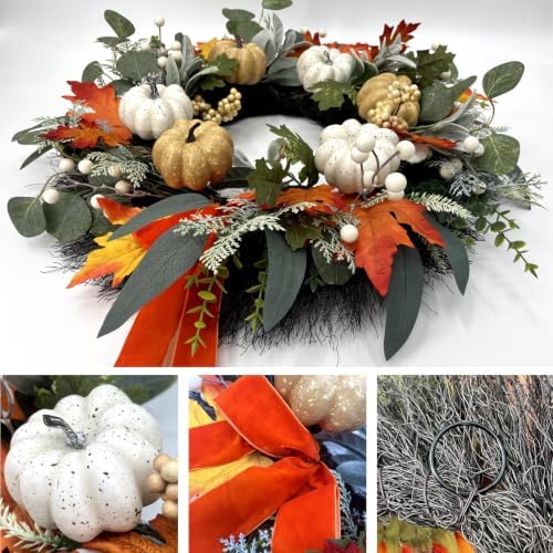 Fall Front Door Wreaths with Ribbon, 24 Inch Pumpkin Autumn Wreath - Image 3