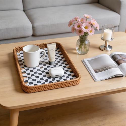 Set of 2 Rectangular Mother of Pearl & Rattan Trays - Handwoven Wicker Serving Trays for Coffee Table & Vanity - Boho Decorative Nesting Basket Organizers for Home (Black & White) - Image 5