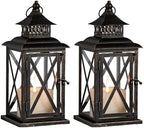 Lantern Decorative Indoor & Outdoor, 2 Pack Large Hanging Candle Lanterns Home Decor, Vintage Metal Candle Holders for Front Porch Patio Wedding Party, Halloween Christmas Decorations (Black) by DECORKEY