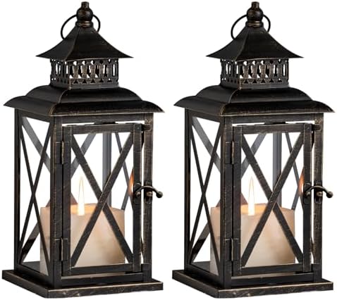 Lantern Decorative Indoor & Outdoor, 2 Pack Large Hanging Candle Lanterns Home Decor, Vintage Metal Candle Holders for Front Porch Patio Wedding Party, Halloween Christmas Decorations (Black) by DECORKEY